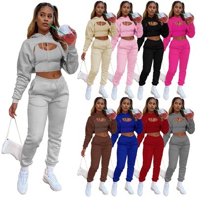 HR8193 European And American Fashion Women&amp;#039;s Fleece Drawstring Hoodie With Cotton Vest And Jogging Pants Three-piece Suit