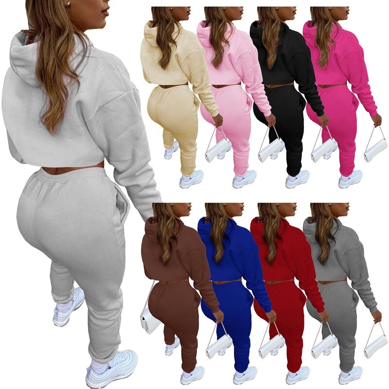 HR8193 European And American Fashion Women&amp;#039;s Fleece Drawstring Hoodie With Cotton Vest And Jogging Pants Three-piece Suit