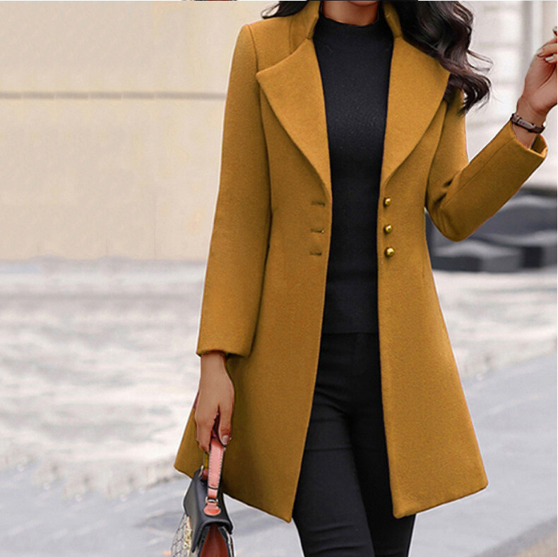 Autumn And Winter Long Korean Lapel Slim Solid Color Slim Women&amp;#039;s Woolen Coat