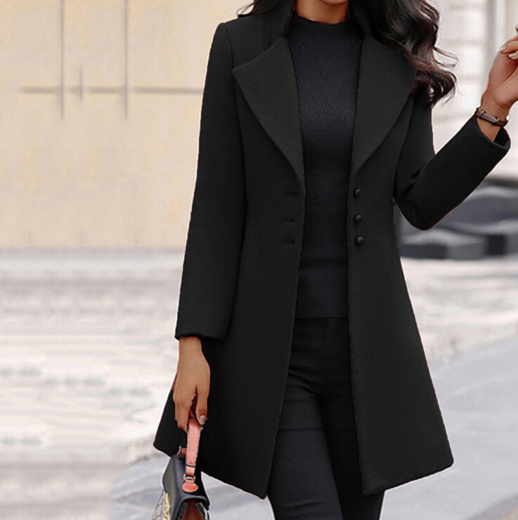 Autumn And Winter Long Korean Lapel Slim Solid Color Slim Women&amp;#039;s Woolen Coat