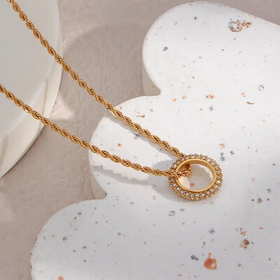 ♡18K Gold Plated 316L Stainless Steel Rope Chain Zirconia Circle Necklace