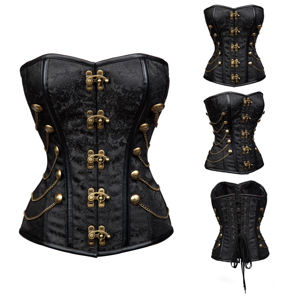 Steampunk Overbust Brocade Corset with Chains Black