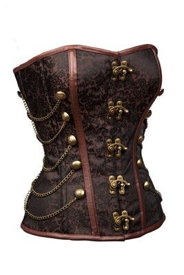 Steampunk Overbust Brocade Corset with Chains Brown
