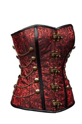 Steampunk Overbust Brocade Corset with Chains Red