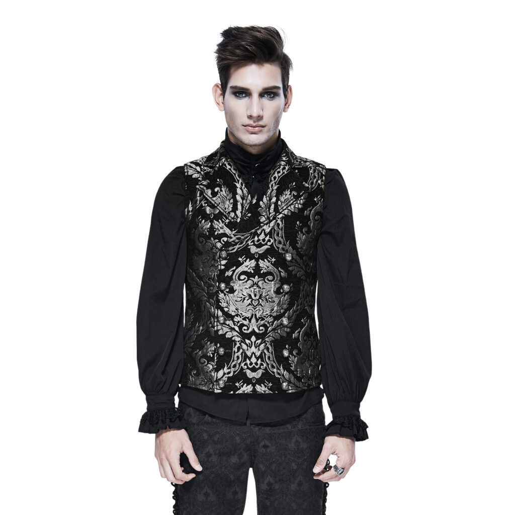 Gothic Embroidered Silver Brocade Collared Waistcoat Vest