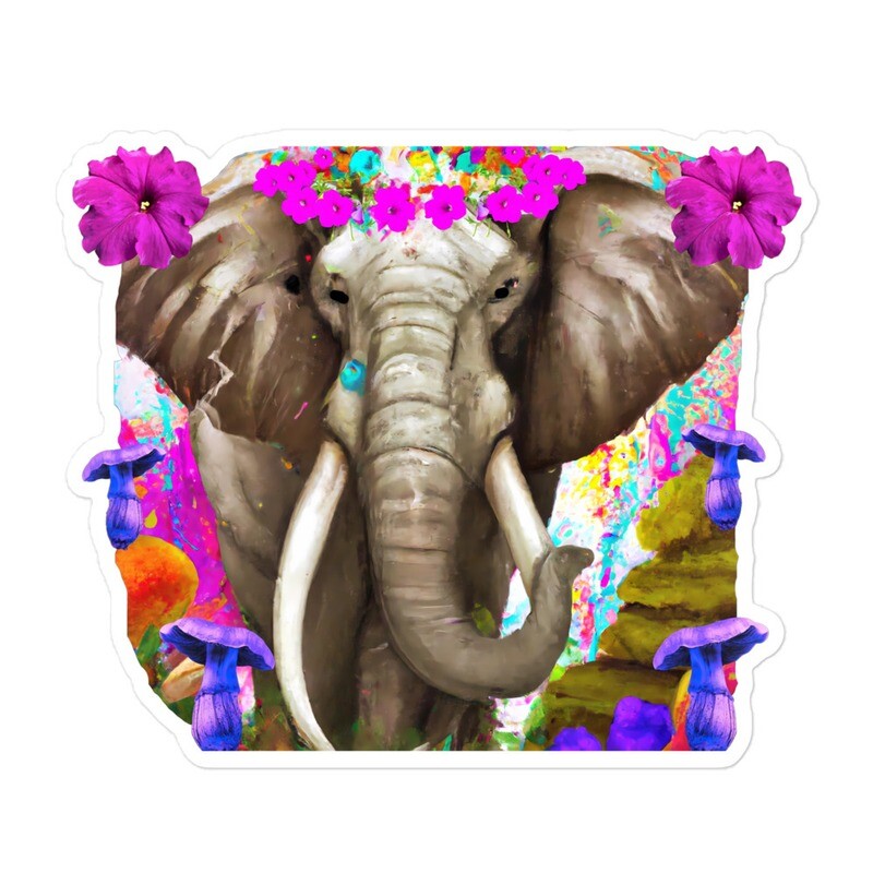 Wild Elephant with Mushrooms and Flowers Sticker - 5 inch