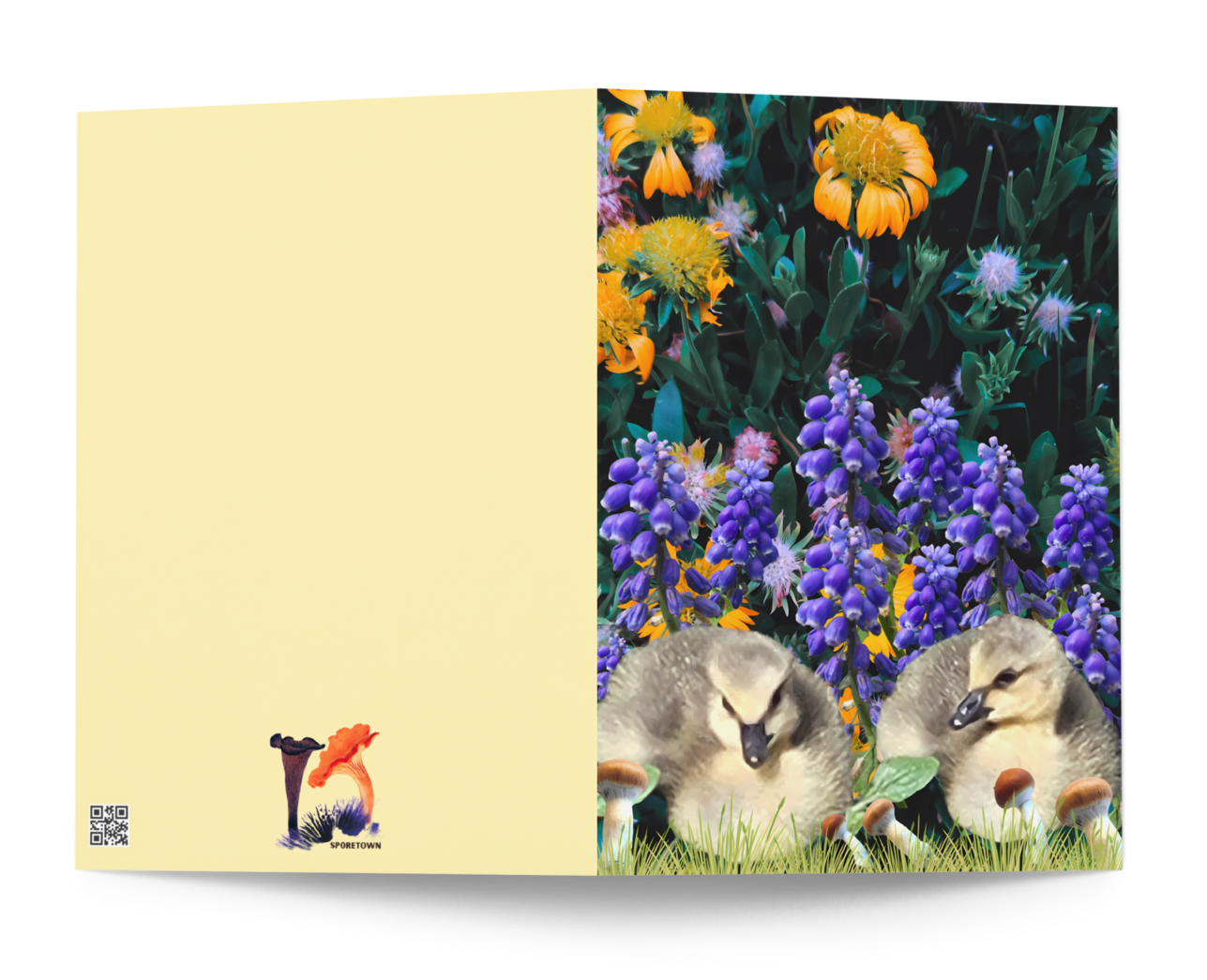Wild Gosling, Baby Goose - Greeting Card with Spring Wildflowers and Mushrooms