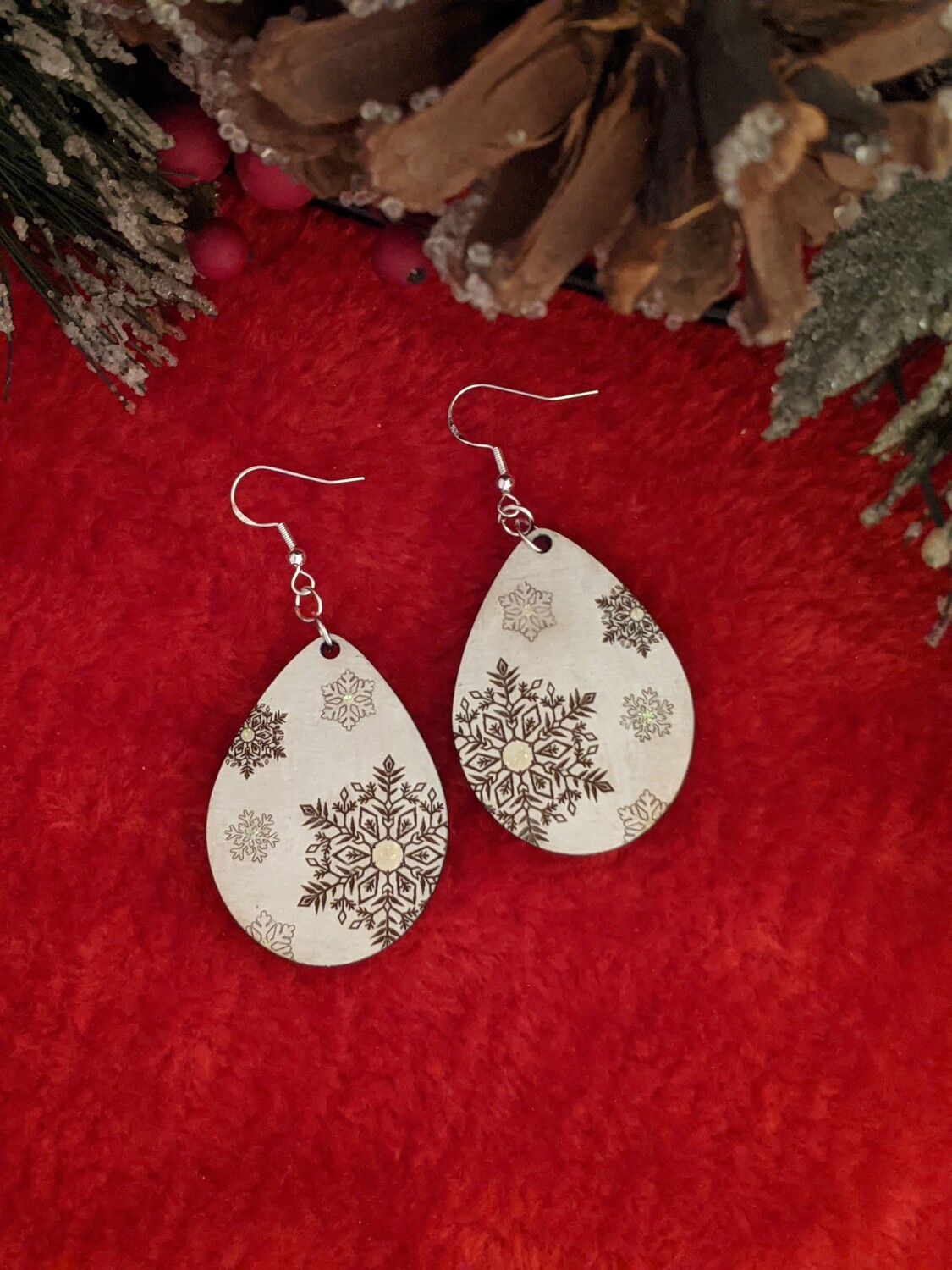 White Snowflake Wood Teardrop Earrings