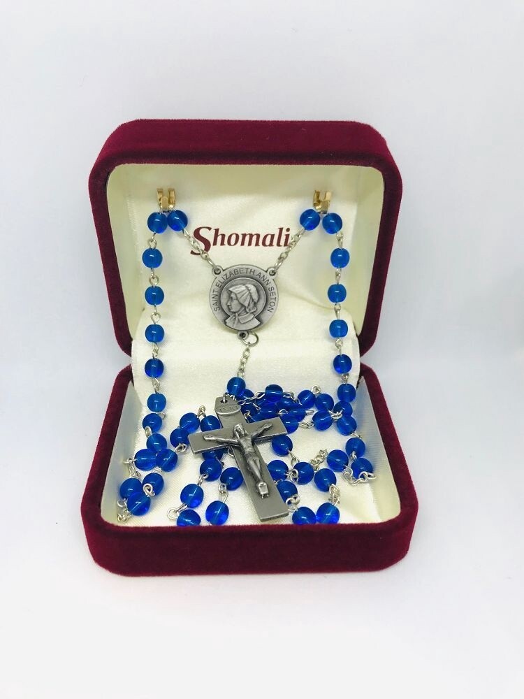 St. Elizabeth Ann Seton Pewter and Blue Round Rosary