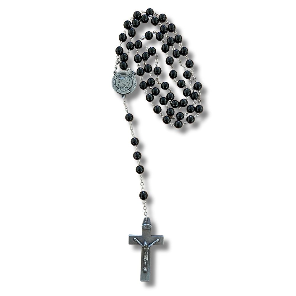 St. Elizabeth Ann Seton Pewter and Black Round Rosary
