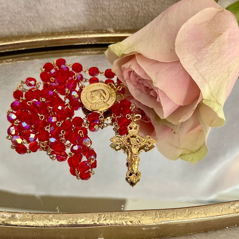 Red Crystal &amp; Gold St. Elizabeth Ann Seton Rosary