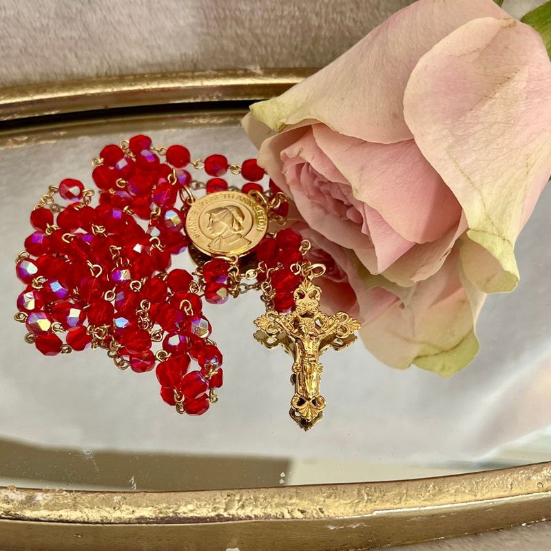 Red Crystal &amp; Gold St. Elizabeth Ann Seton Rosary