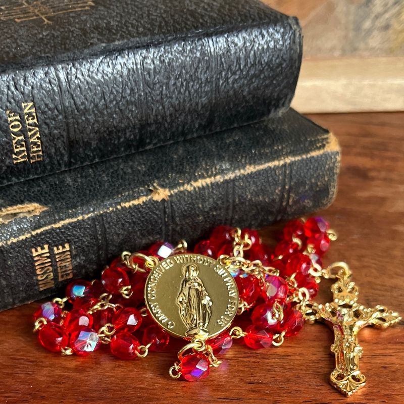 Red Crystal &amp; Gold St. Elizabeth Ann Seton Rosary