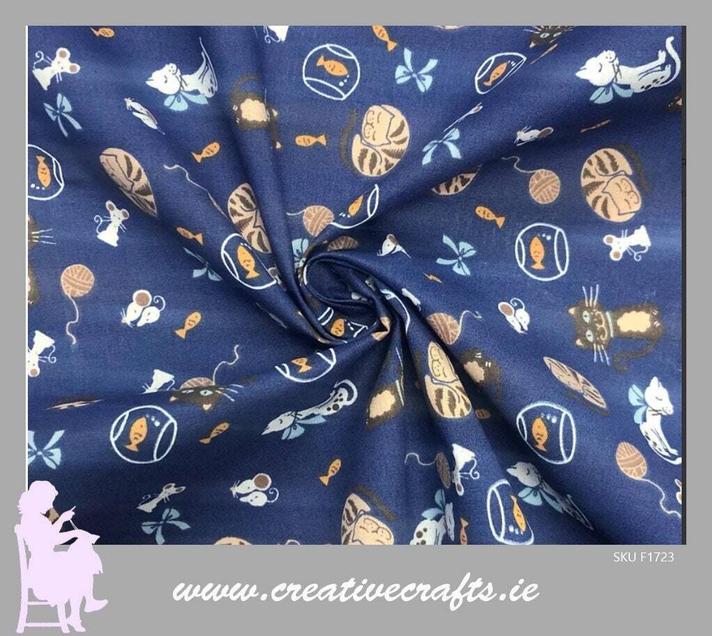 Cats Fish and Mice print Polycotton fabric.