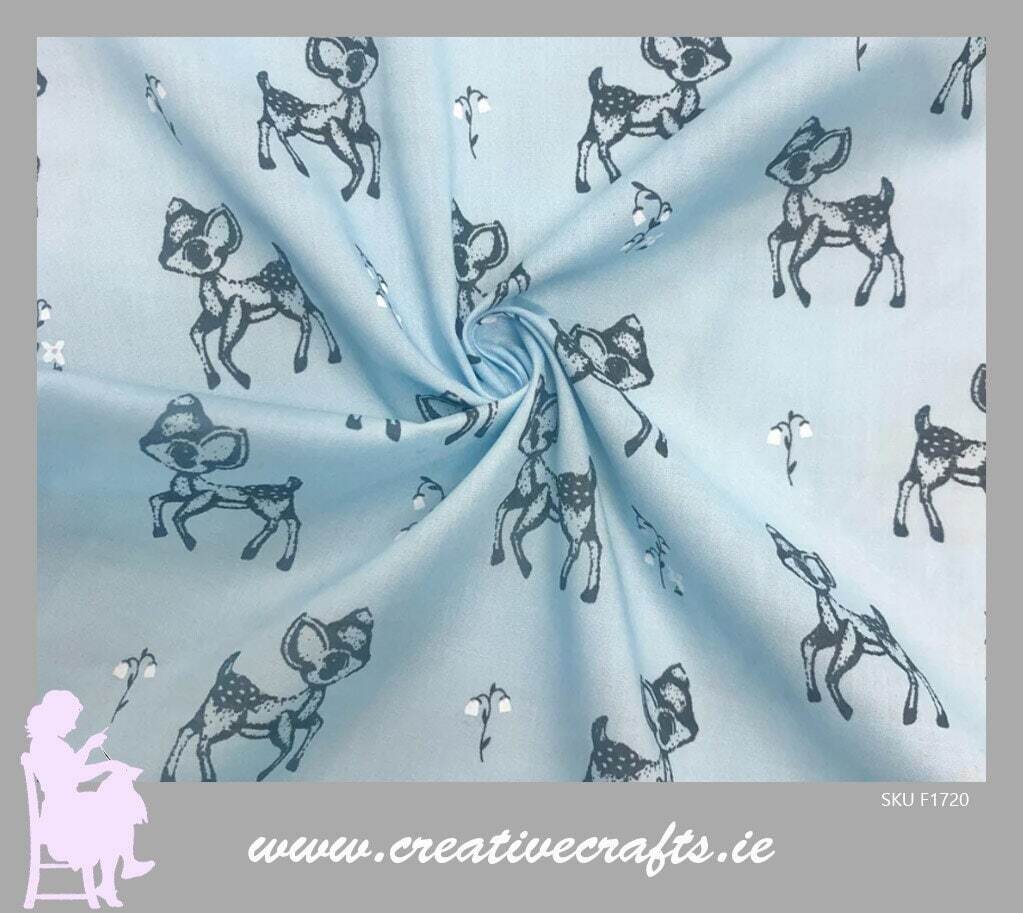Blue Kids print Baby Deers and Flowers Polycotton Fabric