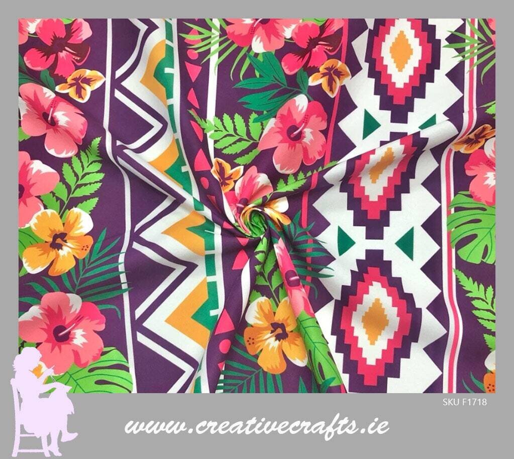 Exotic Geometric Floral Cotton-Touch Polyester Fabric with strong Purple lines