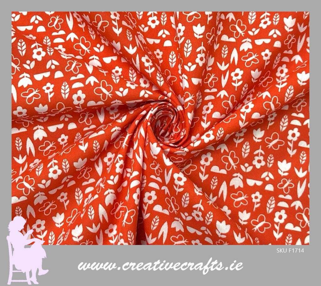 Floral Butterfly Print Poly Cotton Fabric, Red with beautiful coloured flowers And Butterflies design. Fabric by the metre