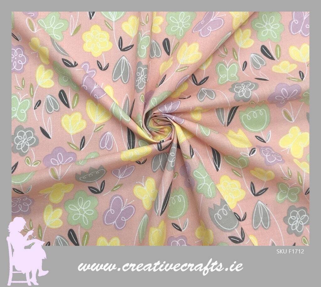 Floral Print Poly Cotton Fabric, Pink with beautiful coloured flower design. Fabric by the metre