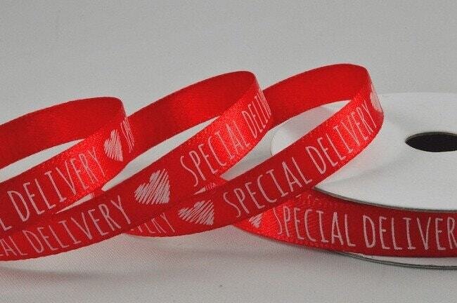 10mm Red Satin Special Delivery Heart Ribbon