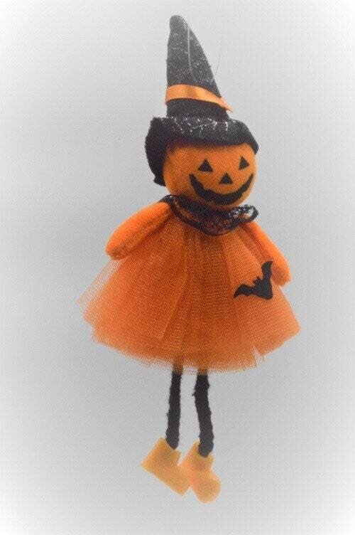 Halloween Pumpkin Witch Hanging Decoration Orange 21cm tall, 10cm wide