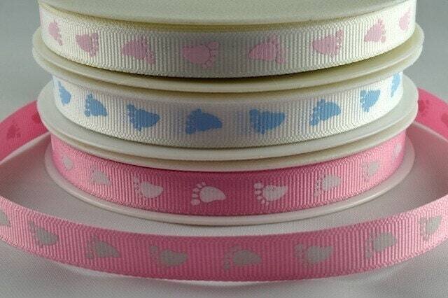 10mm Grosgrain Ribbon, 1 to 20 meters Baby Feet Ribbed ribbon Blue or Pink Roll or by the meter