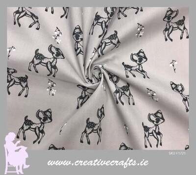 Silver Grey Kids print Baby Deers and Flowers Polycotton Fabric