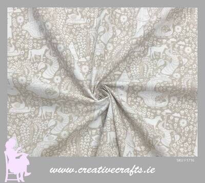 Kids Life is a Fairytale Polycotton Fabric. Unicorns, Towers, Bean stalks in stone grey
