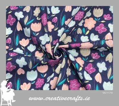 Floral Print Poly Cotton Fabric, Navy blue with beautiful coloured flower design. Fabric by the metre
