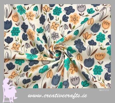 Floral Print Poly Cotton Fabric, Cream with beautiful coloured flower design. Fabric by the metre
