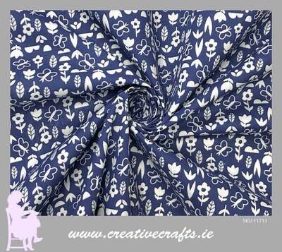 Floral Butterfly Print Poly Cotton Fabric, Navy blue with beautiful coloured flowers And Butterflies design. Fabric by the metre