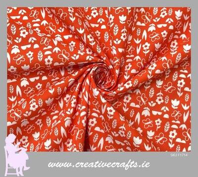 Floral Butterfly Print Poly Cotton Fabric, Red with beautiful coloured flowers And Butterflies design. Fabric by the metre