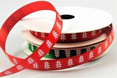 10mm satin ribbon printed with a white Christmas Tree design in a choice of colours
