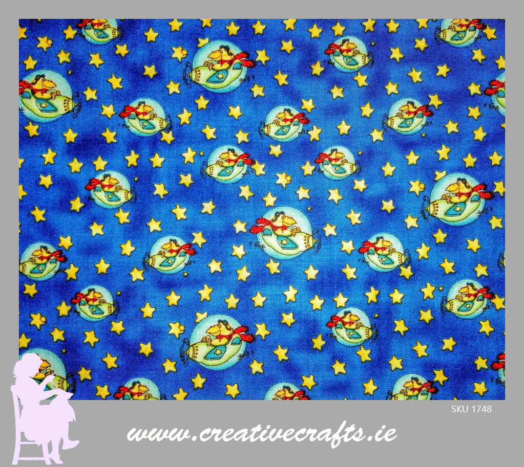 Kids Cartoon Flying in stars on blue poly cotton