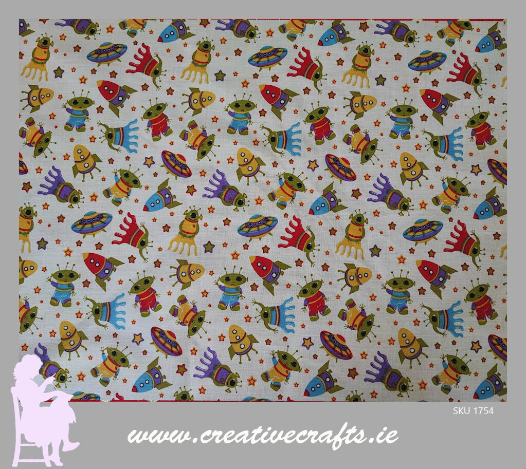 Kids Alien &amp; Spaceships Poly cotton fabric