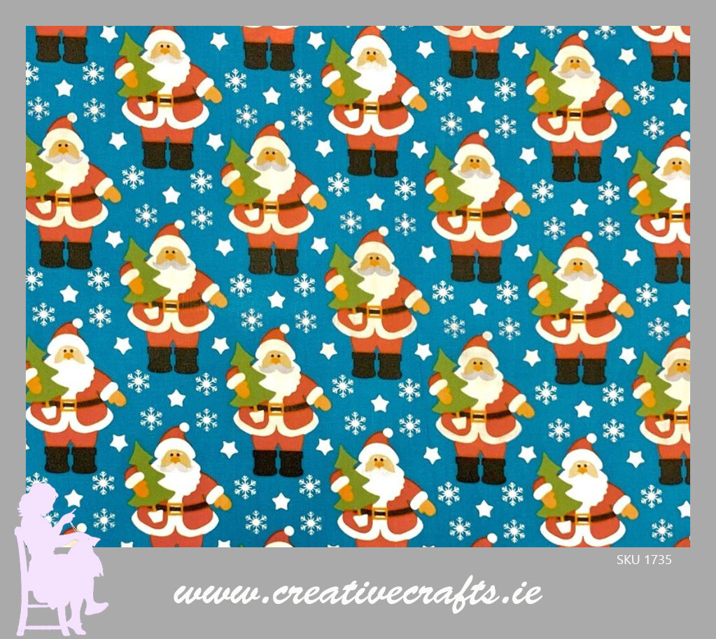 Christmas cotton fabric Santa holding Christmas tree Blue