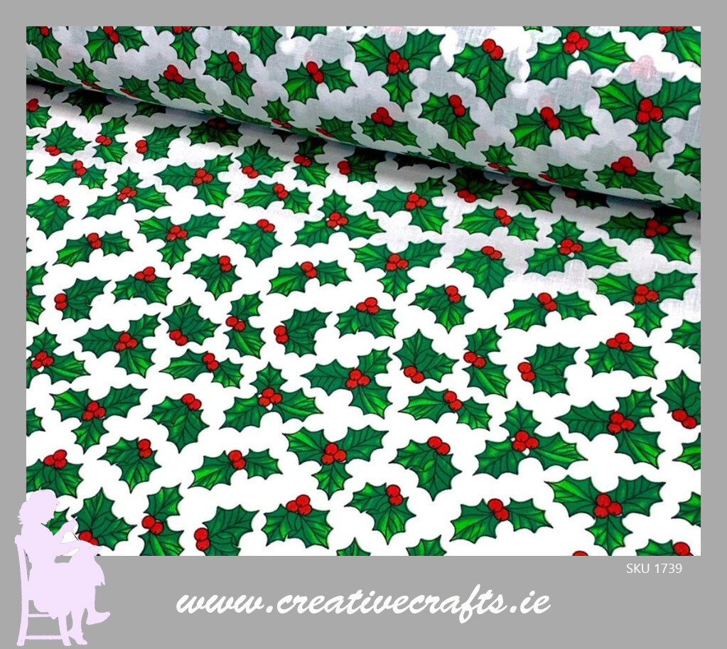 Christmas Holly &amp; Berries on white Cotton Fabric