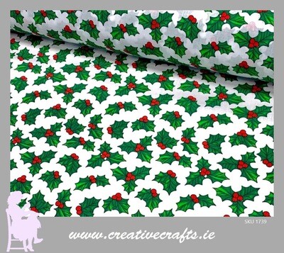 Christmas Holly &amp; Berries on white Cotton Fabric