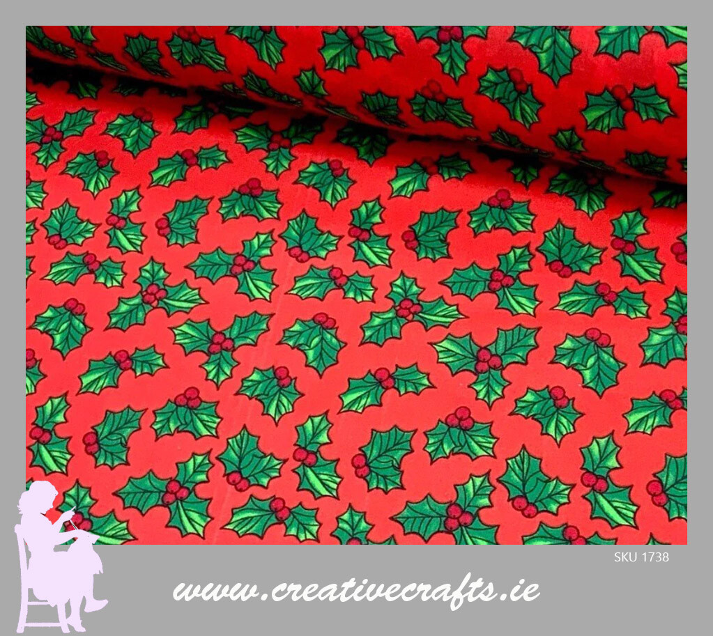 Christmas Holly & Berries on Red Cotton Fabric