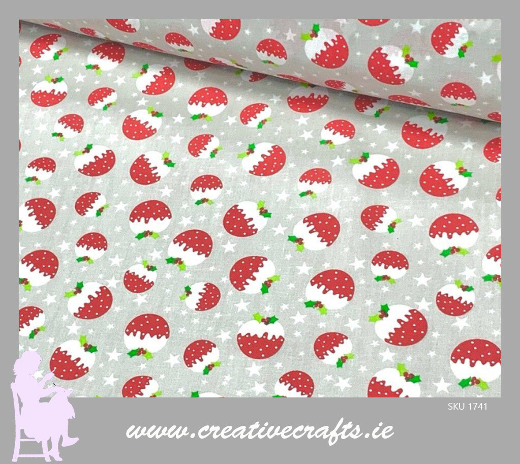 Christmas Holly & Berries on white Cotton Fabric