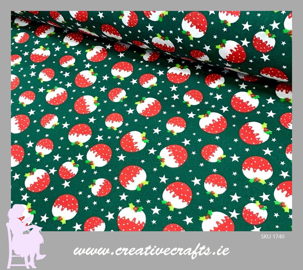 Christmas Holly & Berries on white Cotton Fabric