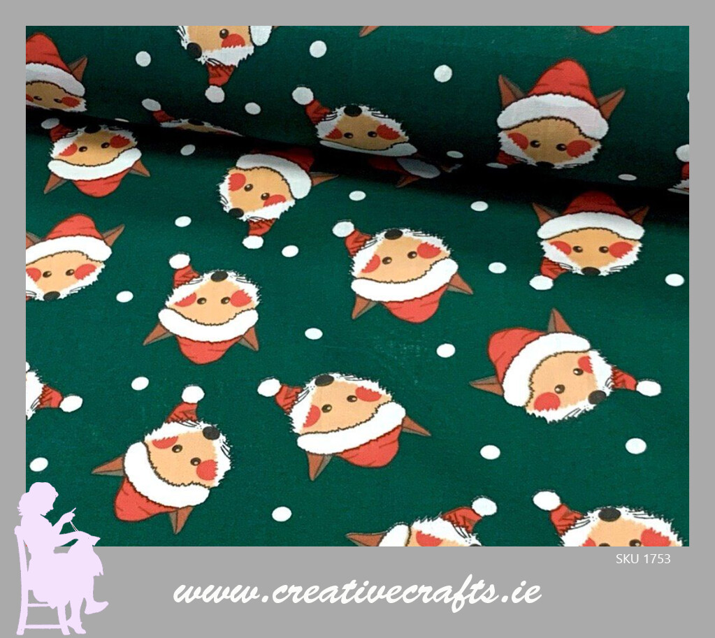 Foxes in Hats Christmas Fabric Green