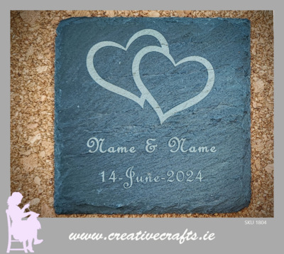 Hearts Personalised Slate Coaster, Custom Laser Engraved anyLogo Or Text, Personalised Wedding Gift, Wedding Favour, Save the date