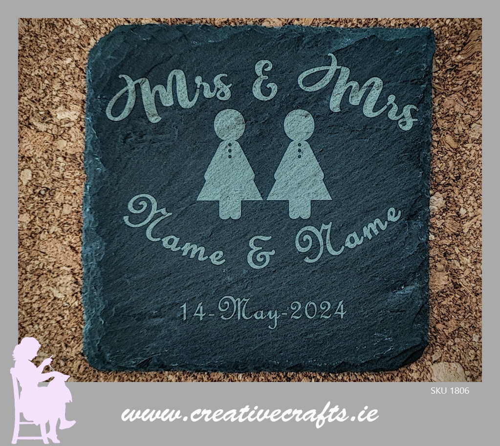 Mrs & Mrs Personalised Slate Coaster, Custom Laser Engraved any Logo Or Text, Personalised Wedding Gift, Wedding Favour, Save the date