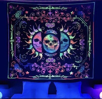 Blacklight Sun Moon Skull Tapestry