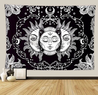 Black White Sun Moon Faces Tapestry