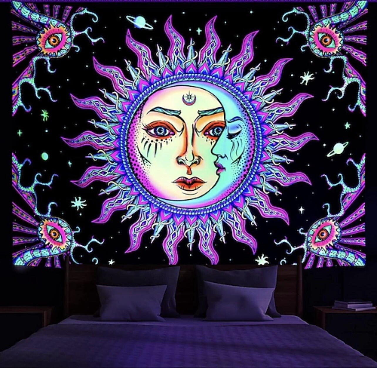 Blacklight Sun Moon Tapestry