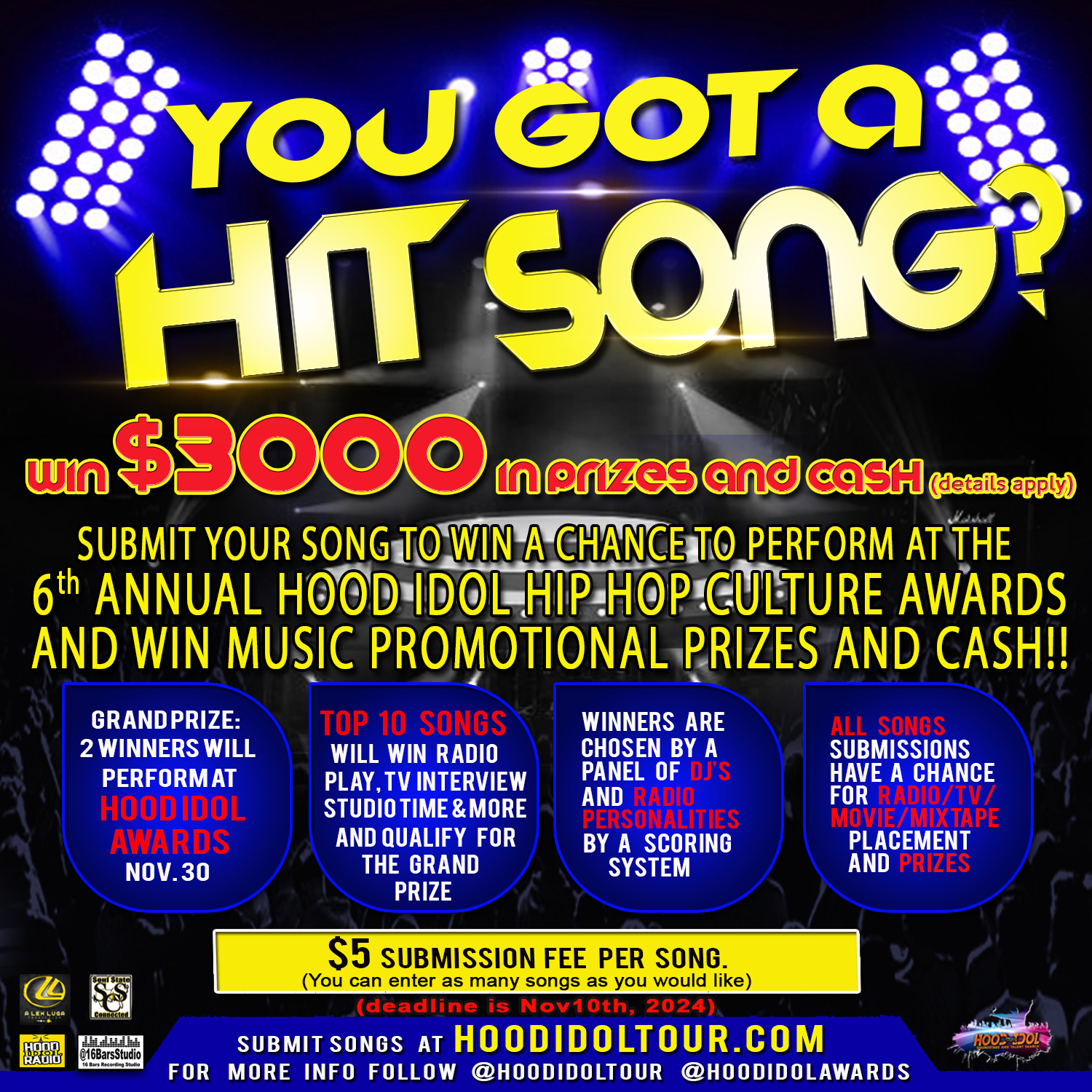 Platinum package for SONG CONTEST Cash prize and more- up to 5 songs submitted, radio & more included details apply)