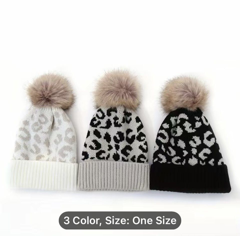 Leopard Pom Pom Beanie White