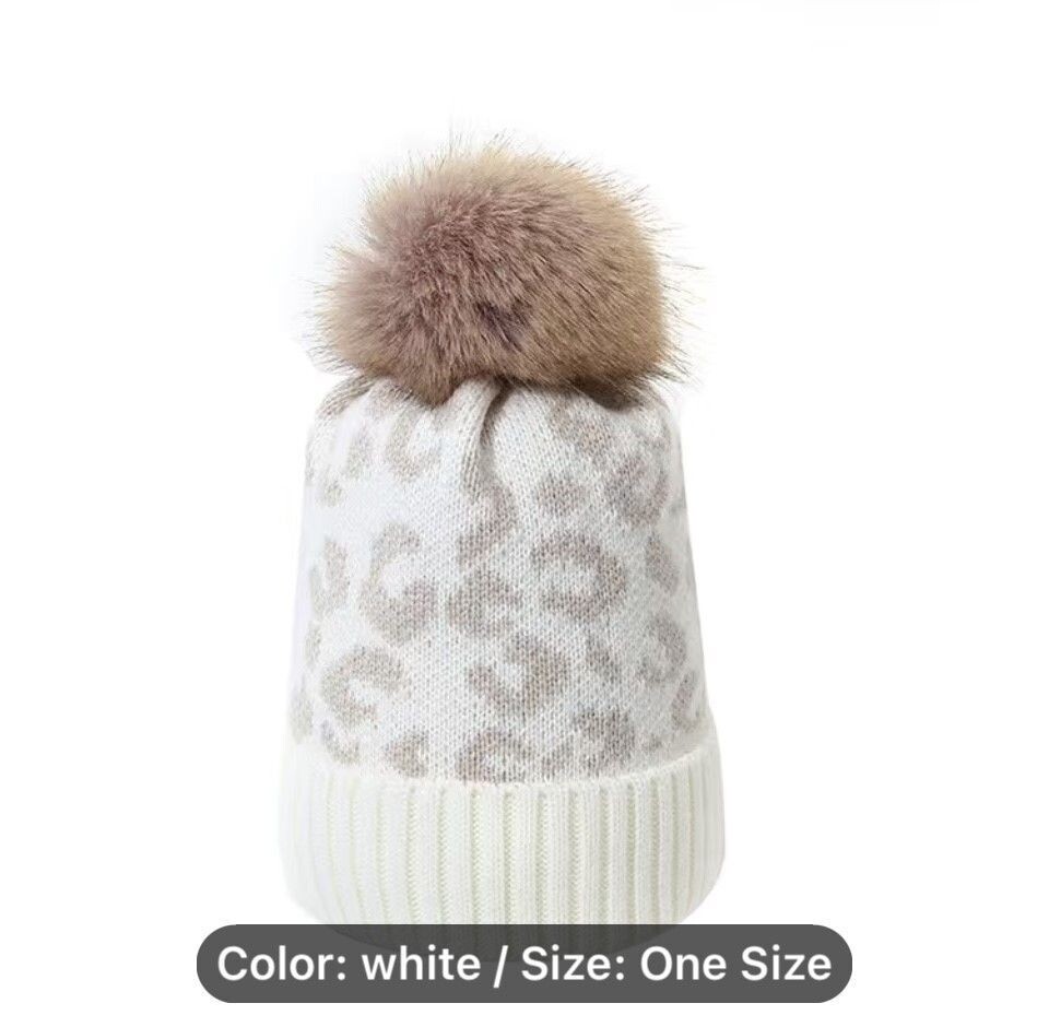Leopard Pom Pom Beanie White