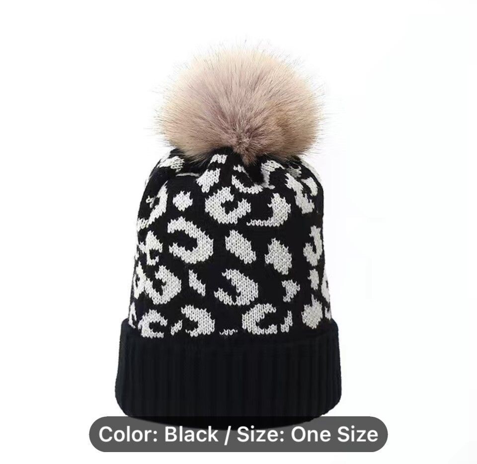 Leopard Pom Pom Beanie Black